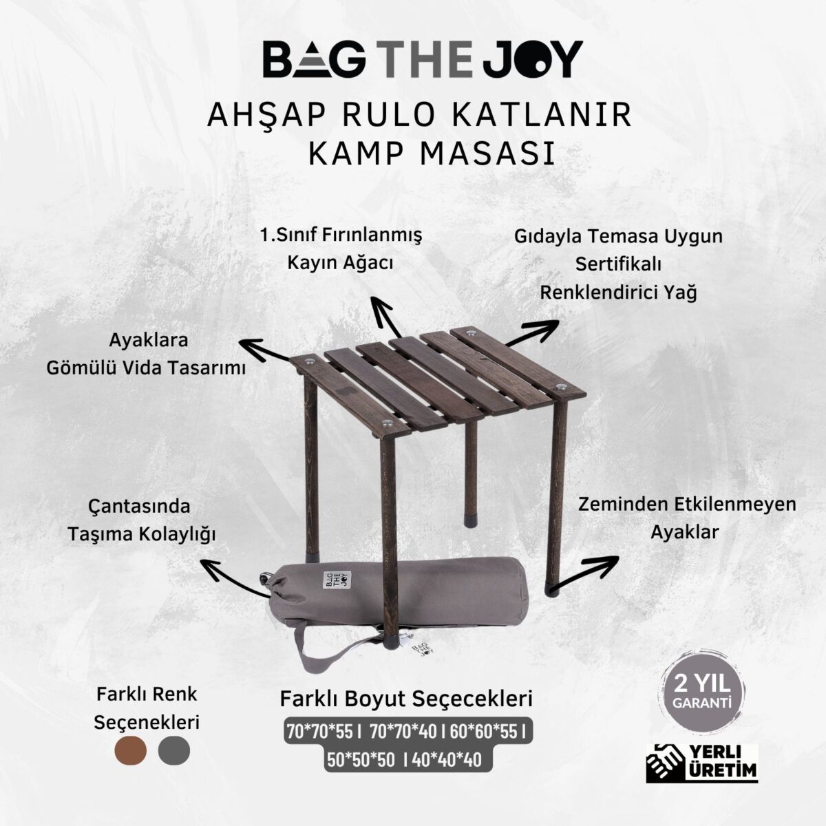 Bag The Joy 40x40x40 cm Ahşap Katlanır Rulo Kamp Masası | Piknik, Bahçe ve Balkon | Çantalı - Antrasit - Görsel 5