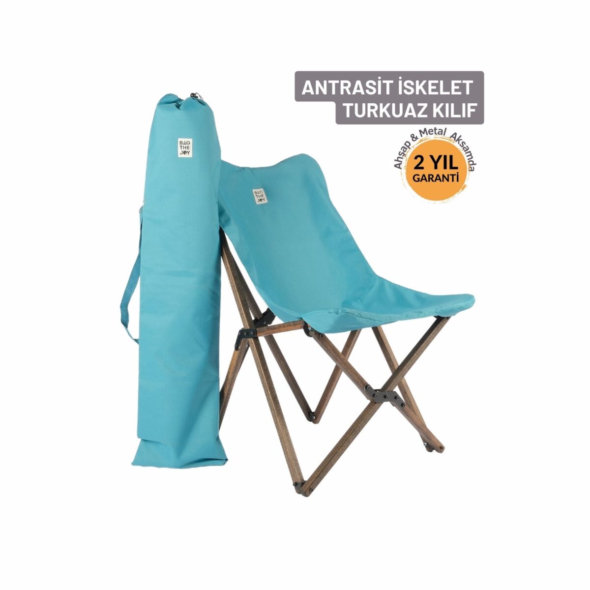 BAG THE JOY KATLANIR AHŞAP KAMP ve BAHÇE SANDALYESİ – ANTRASİT İSKELET - TURKUAZ KILIF - Görsel 1