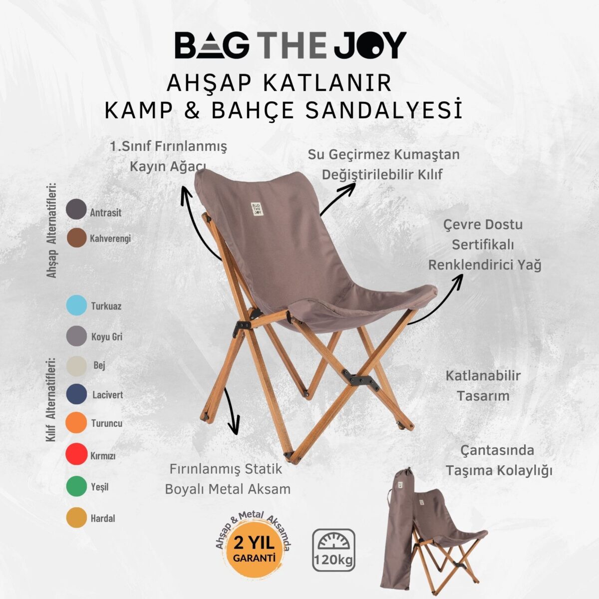 BAG THE JOY KATLANIR AHŞAP KAMP ve BAHÇE SANDALYESİ – KAHVERENGİ İSKELET - KOYU GRİ KILIF - Görsel 5