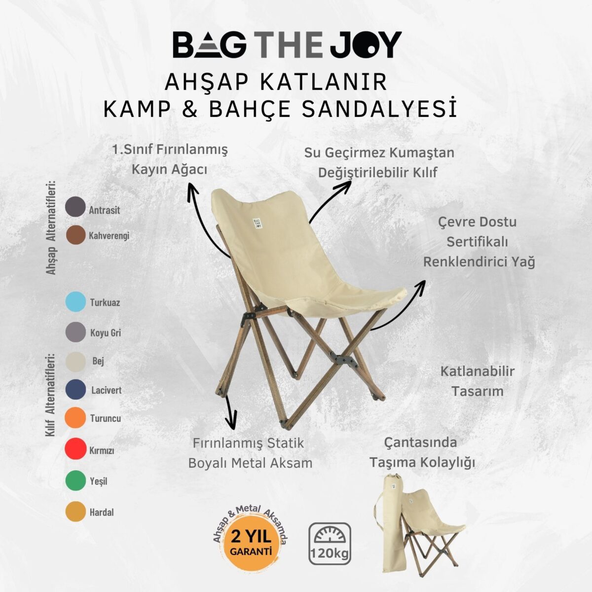 BAG THE JOY KATLANIR AHŞAP KAMP SANDALYESİ – ANTRASİT İSKELET - BEJ KILIF - Görsel 5
