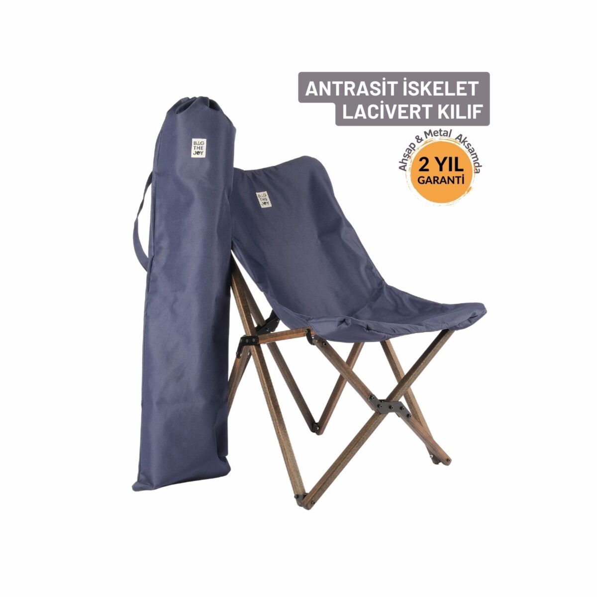 BAG THE JOY KATLANIR AHŞAP KAMP ve BAHÇE SANDALYESİ – ANTRASİT İSKELET - LACİVERT KILIF - Görsel 1