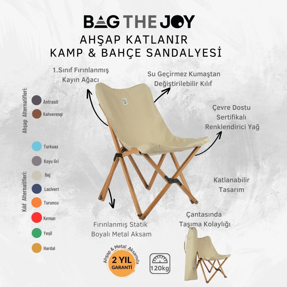 BAG THE JOY AHŞAP KATLANIR MASA SANDALYE SETİ - KAHVERENGİ - BEJ - 70*70*55cm - Görsel 13
