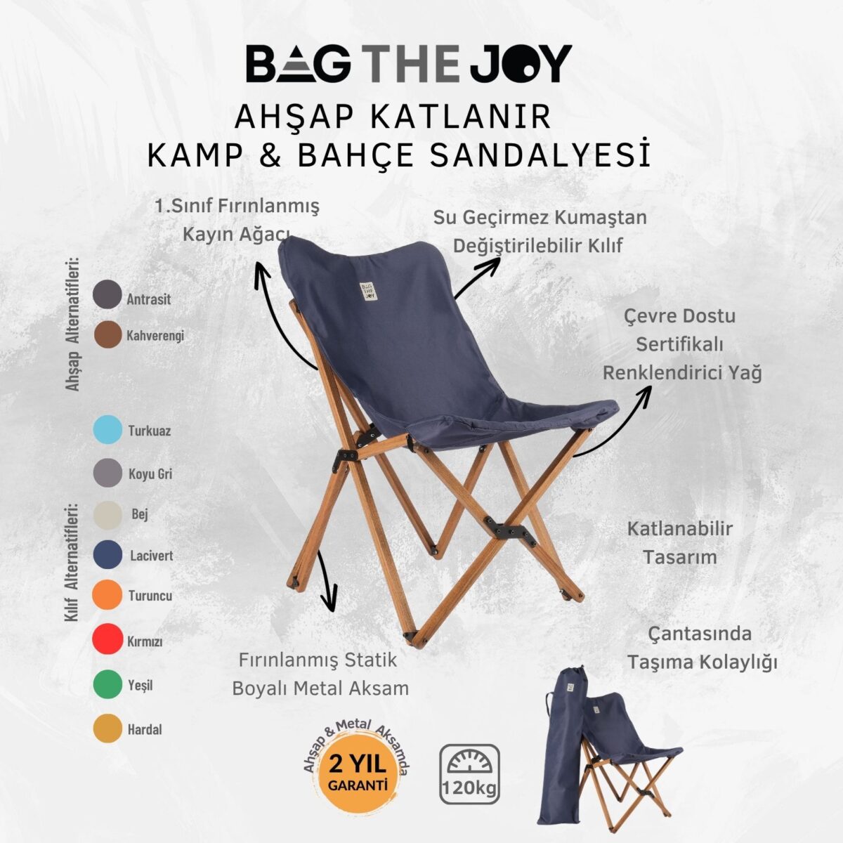 BAG THE JOY AHŞAP KATLANIR MASA SANDALYE SETİ – KAHVERENGİ - LACİVERT - 70*70*55 - Görsel 8