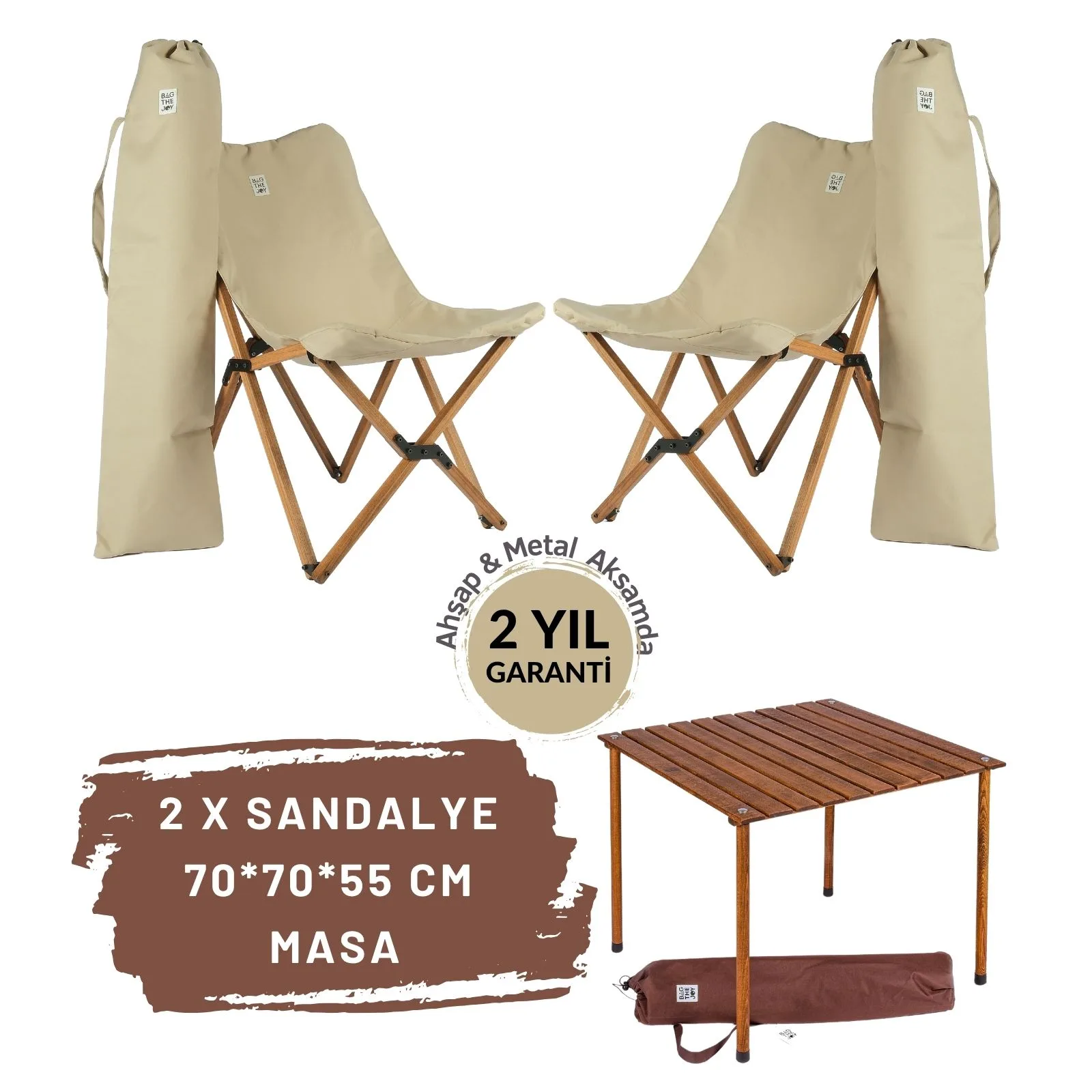 282 Bag The Joy Ahşap Katlanır Kamp Masa Sandalye Seti 70x70x55 cm | Çantalı | Kahverengi – Bej - Görsel 1