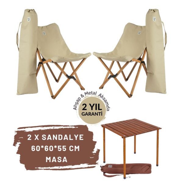 BAG THE JOY AHŞAP KATLANIR MASA SANDALYE SETİ – KAHVERENGİ - BEJ -60*60*55