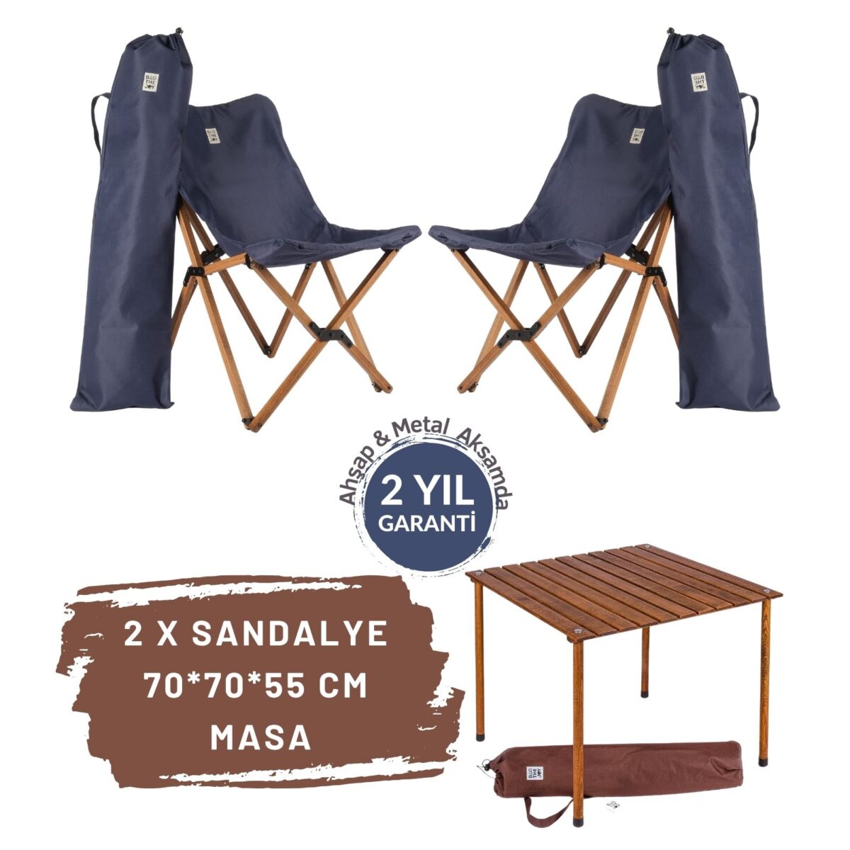 BAG THE JOY AHŞAP KATLANIR MASA SANDALYE SETİ – KAHVERENGİ - LACİVERT - 70*70*55 - Görsel 1