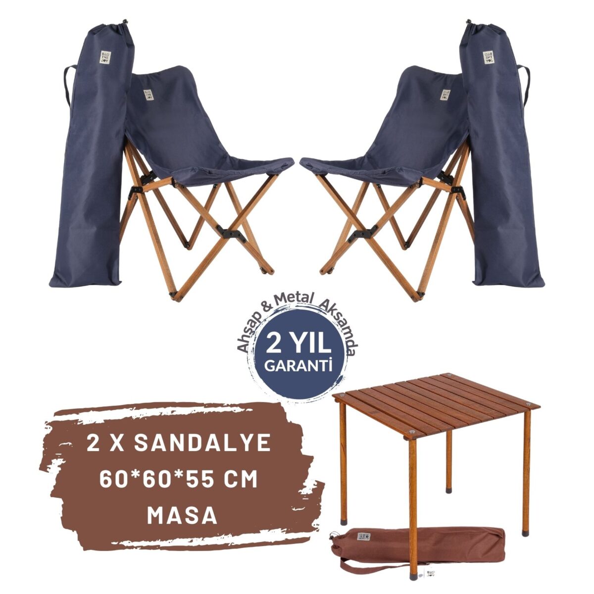 BAG THE JOY AHŞAP KATLANIR MASA SANDALYE SETİ – KAHVERENGİ - LACİVERT -60*60*55 - Görsel 1