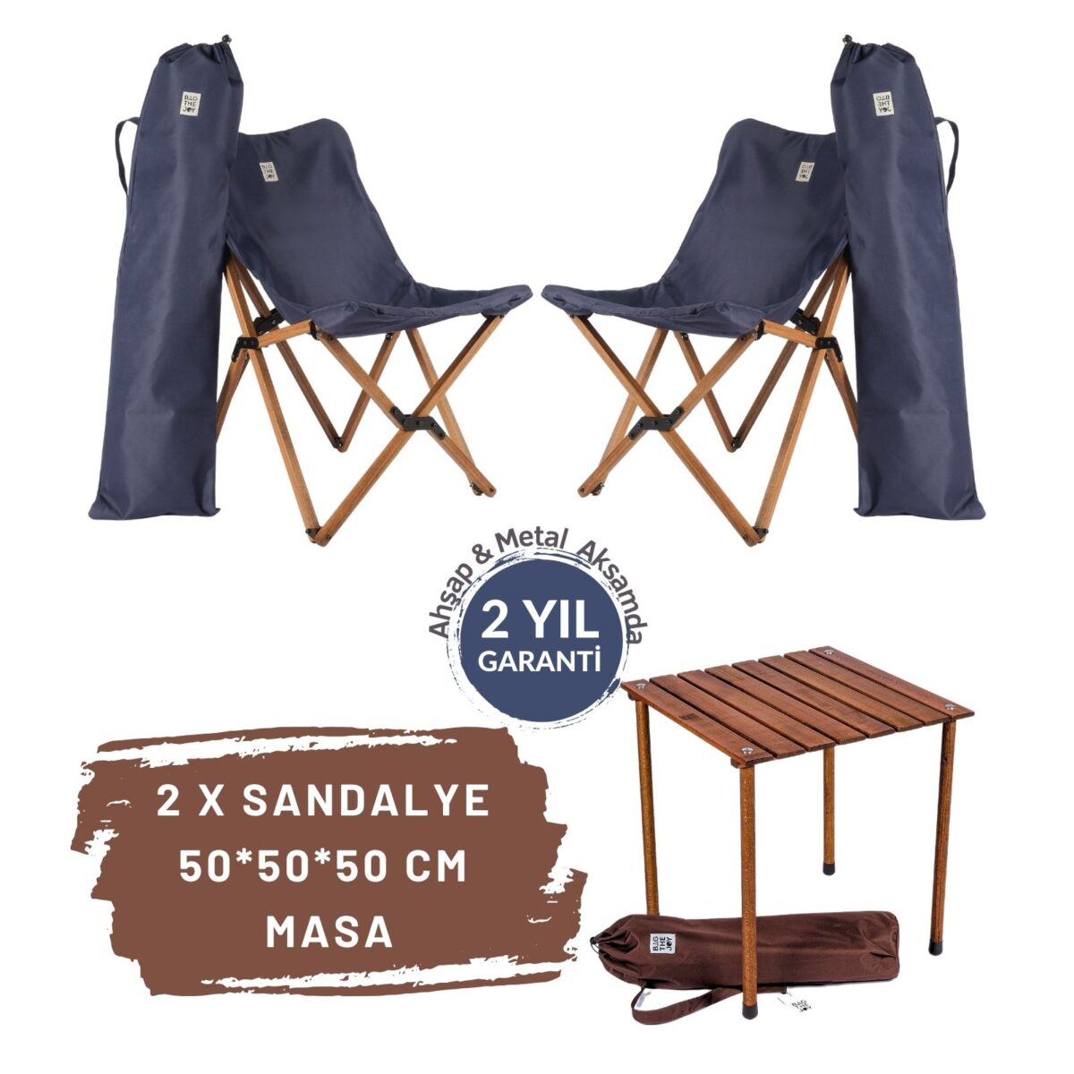 BAG THE JOY AHŞAP KATLANIR MASA SANDALYE SETİ – KAHVERENGİ - LACİVERT -50*50*50 - Görsel 1