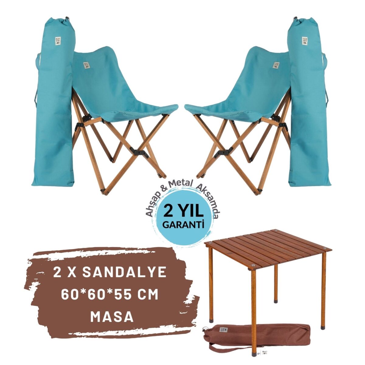 BAG THE JOY AHŞAP KATLANIR MASA SANDALYE SETİ – KAHVERENGİ - TURKUAZ -60*60*55 - Görsel 1