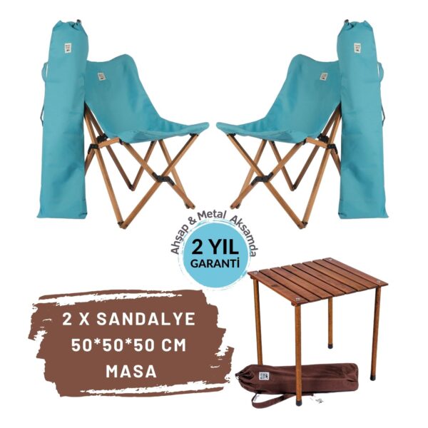 BAG THE JOY AHŞAP KATLANIR MASA SANDALYE SETİ – KAHVERENGİ - TURKUAZ -50*50*50