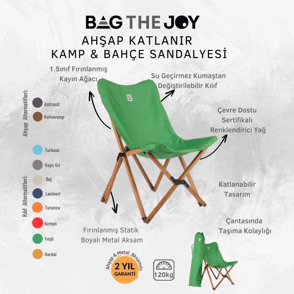 BAG THE JOY AHŞAP KATLANIR MASA SANDALYE SETİ – KAHVERENGİ - YEŞİL - 70*70*55 - Görsel 12