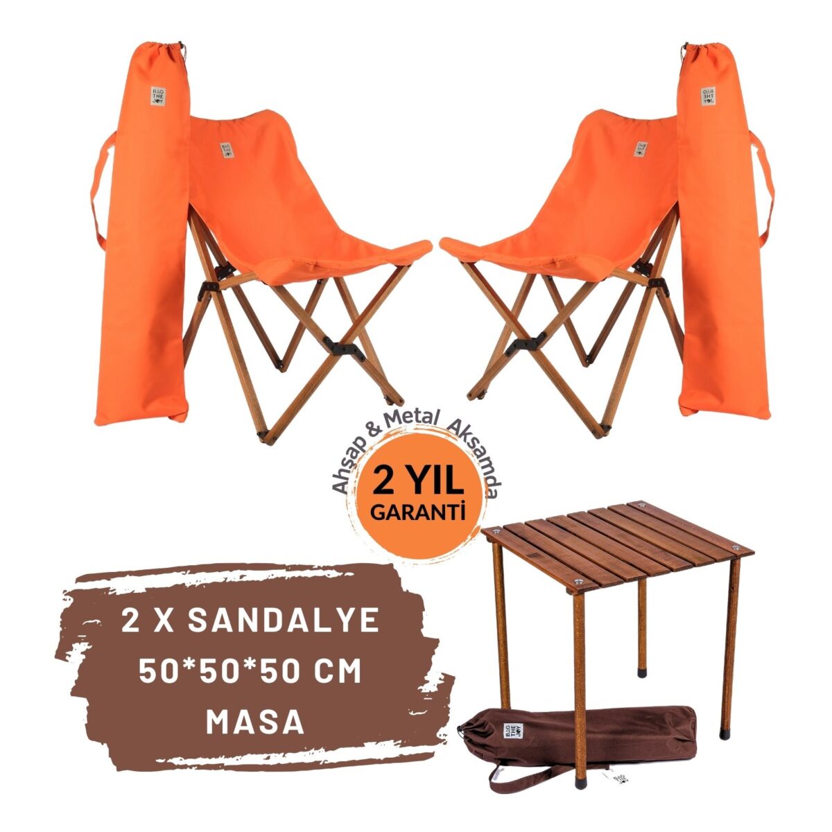 BAG THE JOY AHŞAP KATLANIR MASA SANDALYE SETİ – KAHVERENGİ - TURUNCU -50*50*50 - Görsel 1