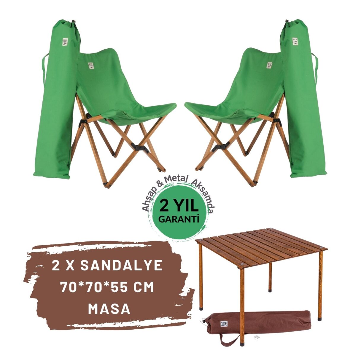 BAG THE JOY AHŞAP KATLANIR MASA SANDALYE SETİ – KAHVERENGİ - YEŞİL - 70*70*55 - Görsel 1