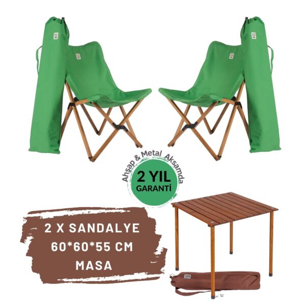 BAG THE JOY AHŞAP KATLANIR MASA SANDALYE SETİ – KAHVERENGİ - YEŞİL -60*60*55
