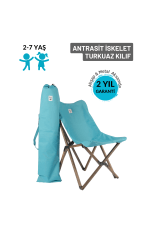 BAG THE JOY KIDS KATLANIR AHŞAP KAMP & BAHÇE SANDALYESİ ANTRASİT İSKELET – TURKUAZ KILIF