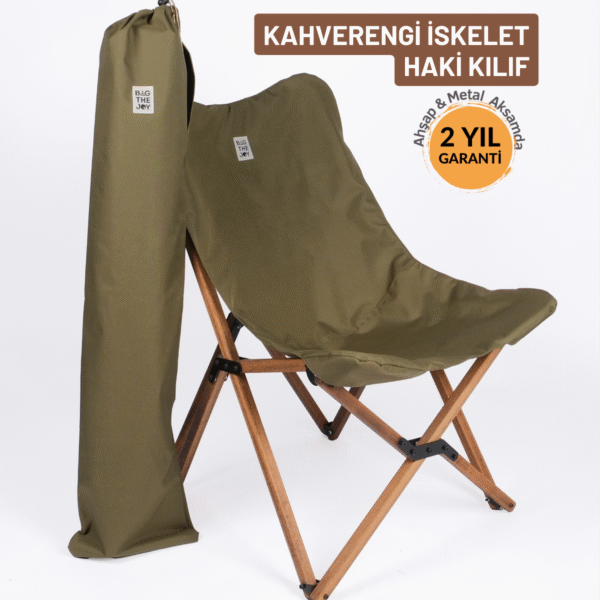 BAG THE JOY KATLANIR AHŞAP KAMP SANDALYESİ – KAHVERENGİ İSKELET - HAKİ KILIF
