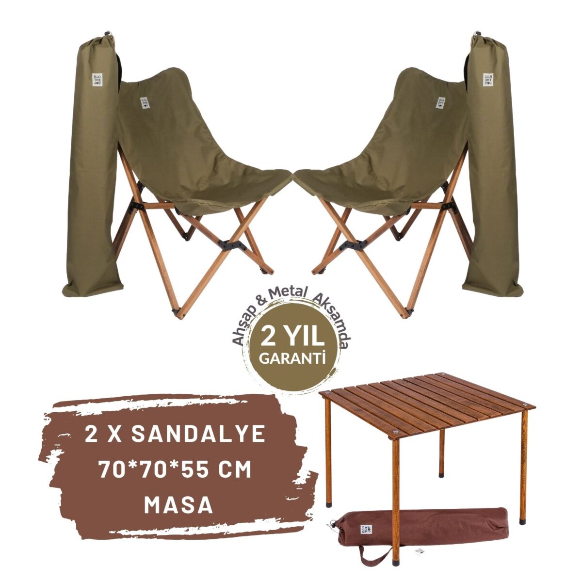 BAG THE JOY AHŞAP KATLANIR MASA SANDALYE SETİ – KAHVERENGİ – HAKİ – 70*70*55cm - Görsel 1