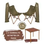 Bag The Joy Ahşap Katlanır Kamp Masa Sandalye Seti 60x60x55 cm | Çantalı | Kahverengi – Haki