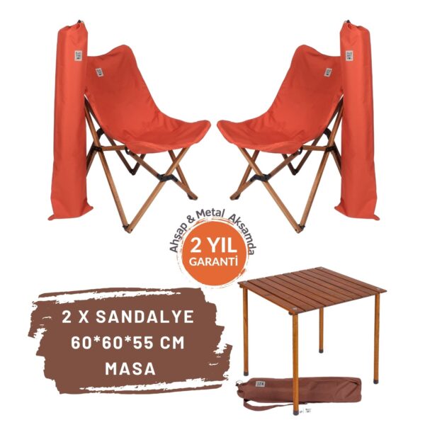 BAG THE JOY AHŞAP KATLANIR MASA SANDALYE SETİ – KAHVERENGİ – KİREMİT – 60*60*55cm