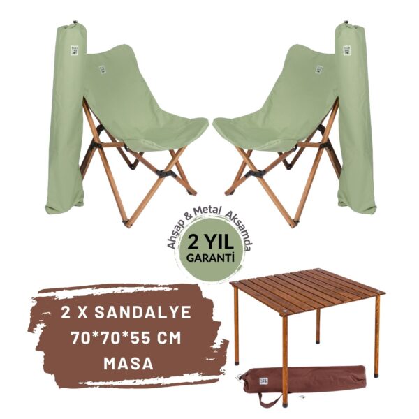 BAG THE JOY AHŞAP KATLANIR MASA SANDALYE SETİ – KAHVERENGİ – SU YEŞİLİ – 70*70*55cm