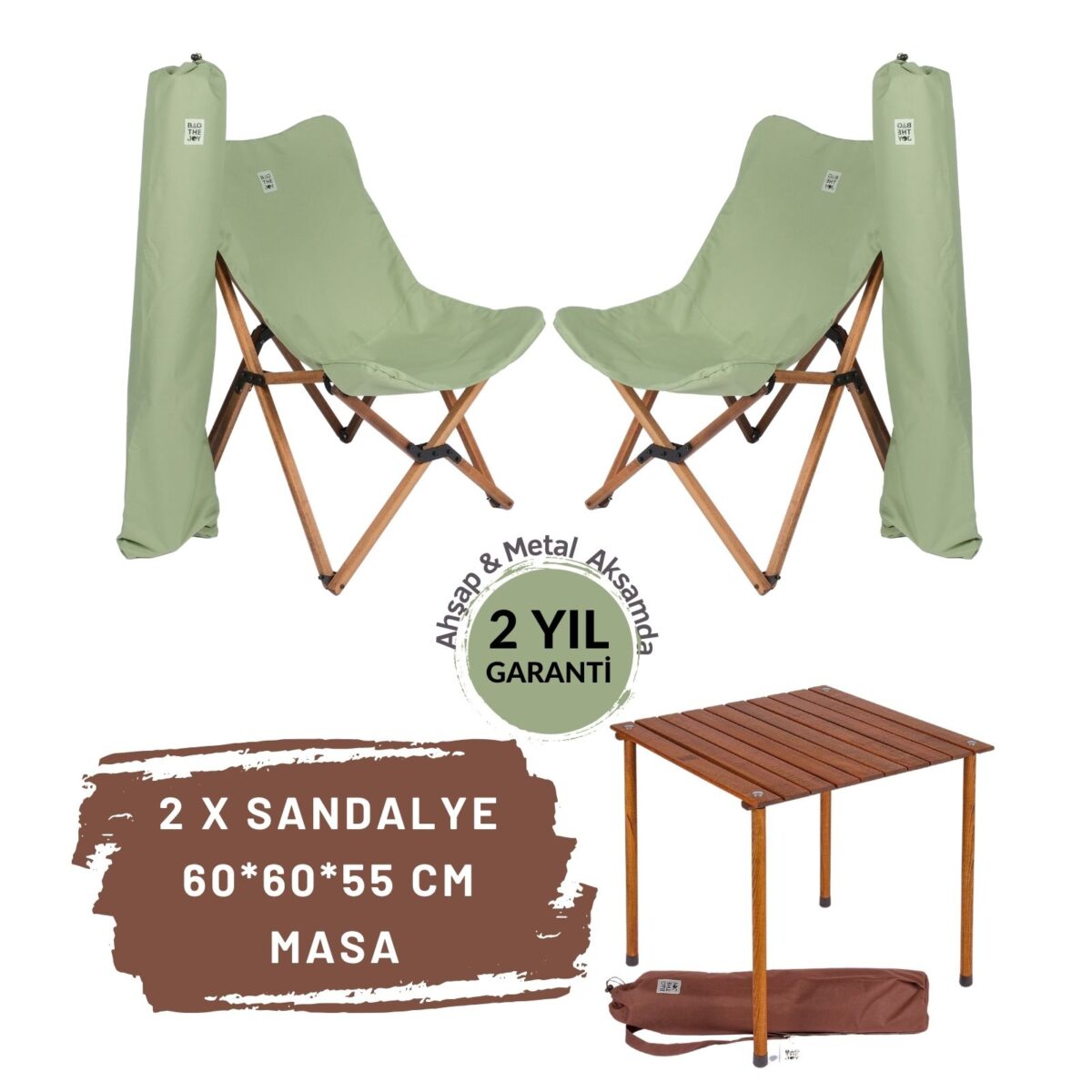 BAG THE JOY AHŞAP KATLANIR MASA SANDALYE SETİ – KAHVERENGİ – SU YEŞİLİ – 60*60*55cm - Görsel 1