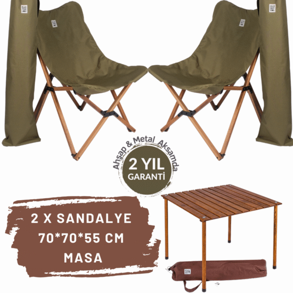BAG THE JOY AHŞAP KATLANIR MASA SANDALYE SETİ – KAHVERENGİ – HAKİ – 70*70*55cm