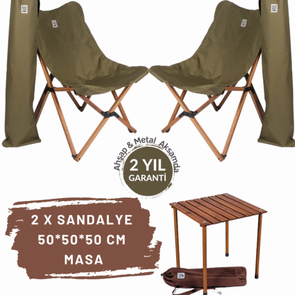 BAG THE JOY AHŞAP KATLANIR MASA SANDALYE SETİ – KAHVERENGİ – HAKİ – 50*50*50cm