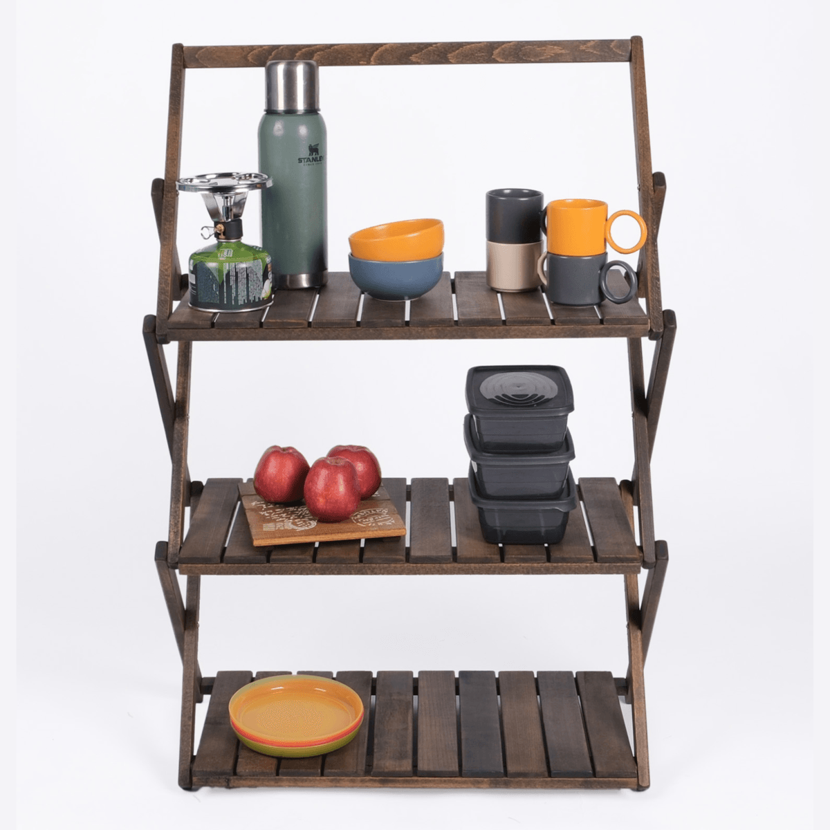 Bag The Joy Ahşap Kamp Rafı Katlanabilir 3 Katlı Portatif Bahçe ve Karavan Düzenleyici - Antrasit - Görsel 4