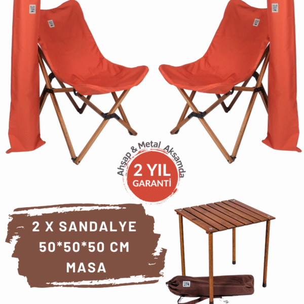 BAG THE JOY AHŞAP KATLANIR MASA SANDALYE SETİ – KAHVERENGİ – KİREMİT – 50*50*50cm