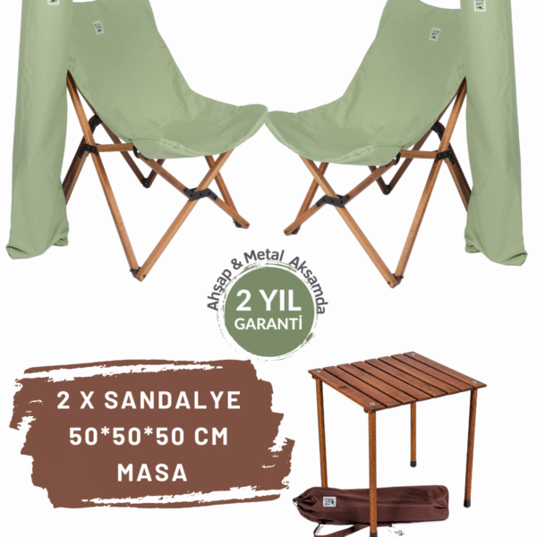 BAG THE JOY AHŞAP KATLANIR MASA SANDALYE SETİ – KAHVERENGİ – SU YEŞİLİ – 50*50*50cm