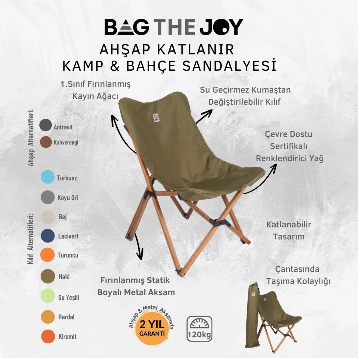 BAG THE JOY KATLANIR AHŞAP KAMP SANDALYESİ – KAHVERENGİ İSKELET - HAKİ KILIF - Görsel 6