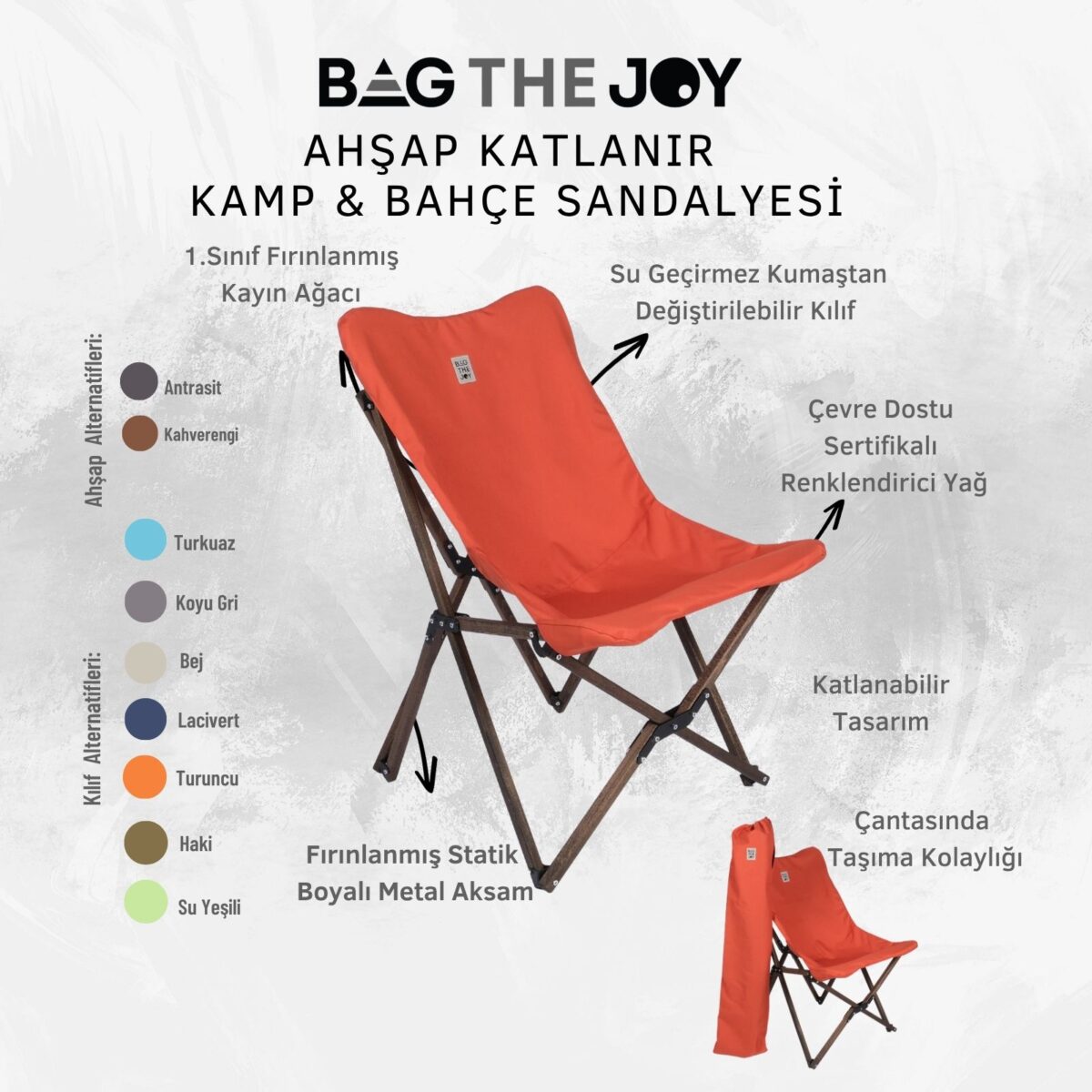 BAG THE JOY KATLANIR AHŞAP KAMP SANDALYESİ – ANTRASİT İSKELET - KİREMİT KILIF - Görsel 5