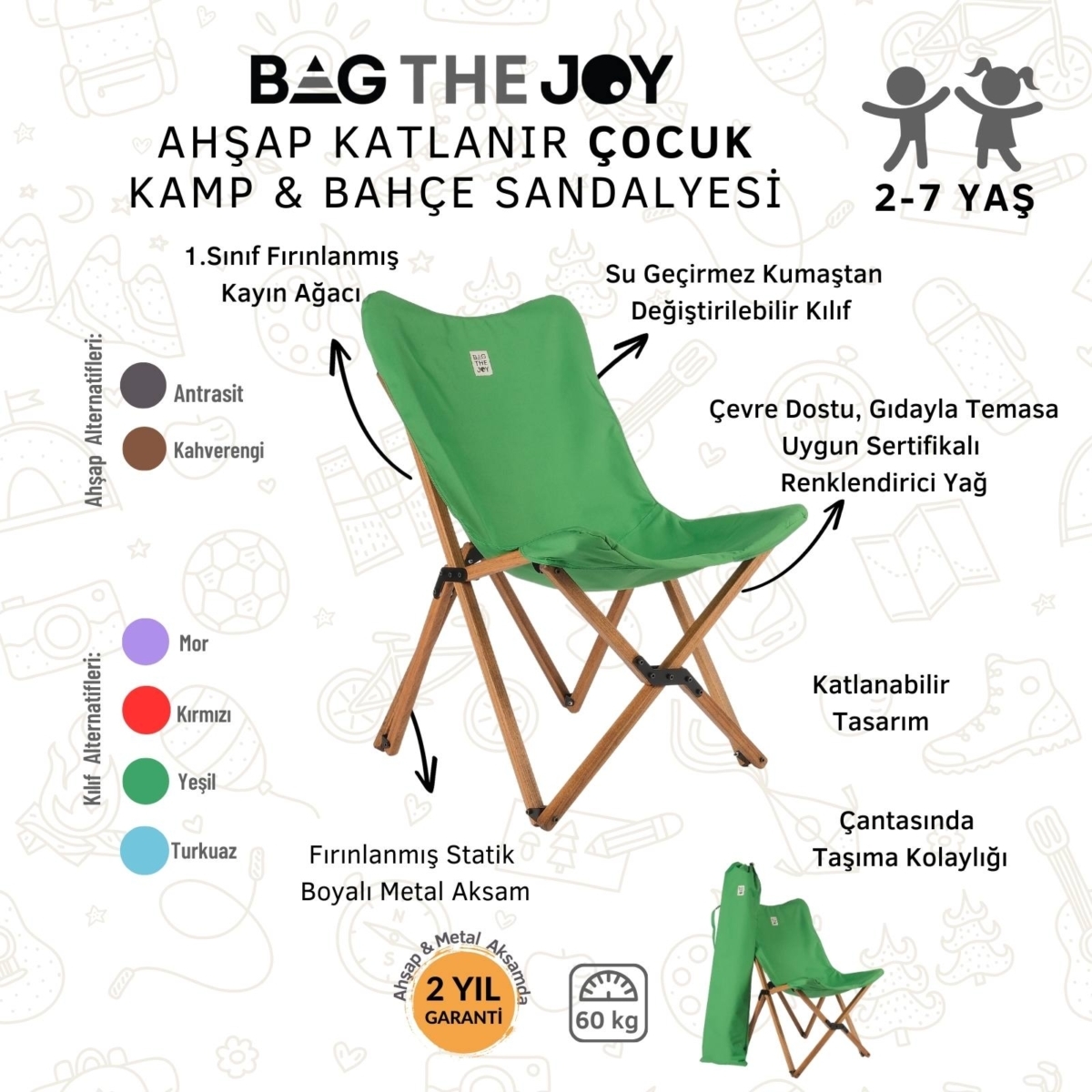 Bag The Joy Kids Ahşap Katlanır Kamp Sandalyesi | Bahçe, Piknik, Balkon | Çantalı - Yeşil - Görsel 4