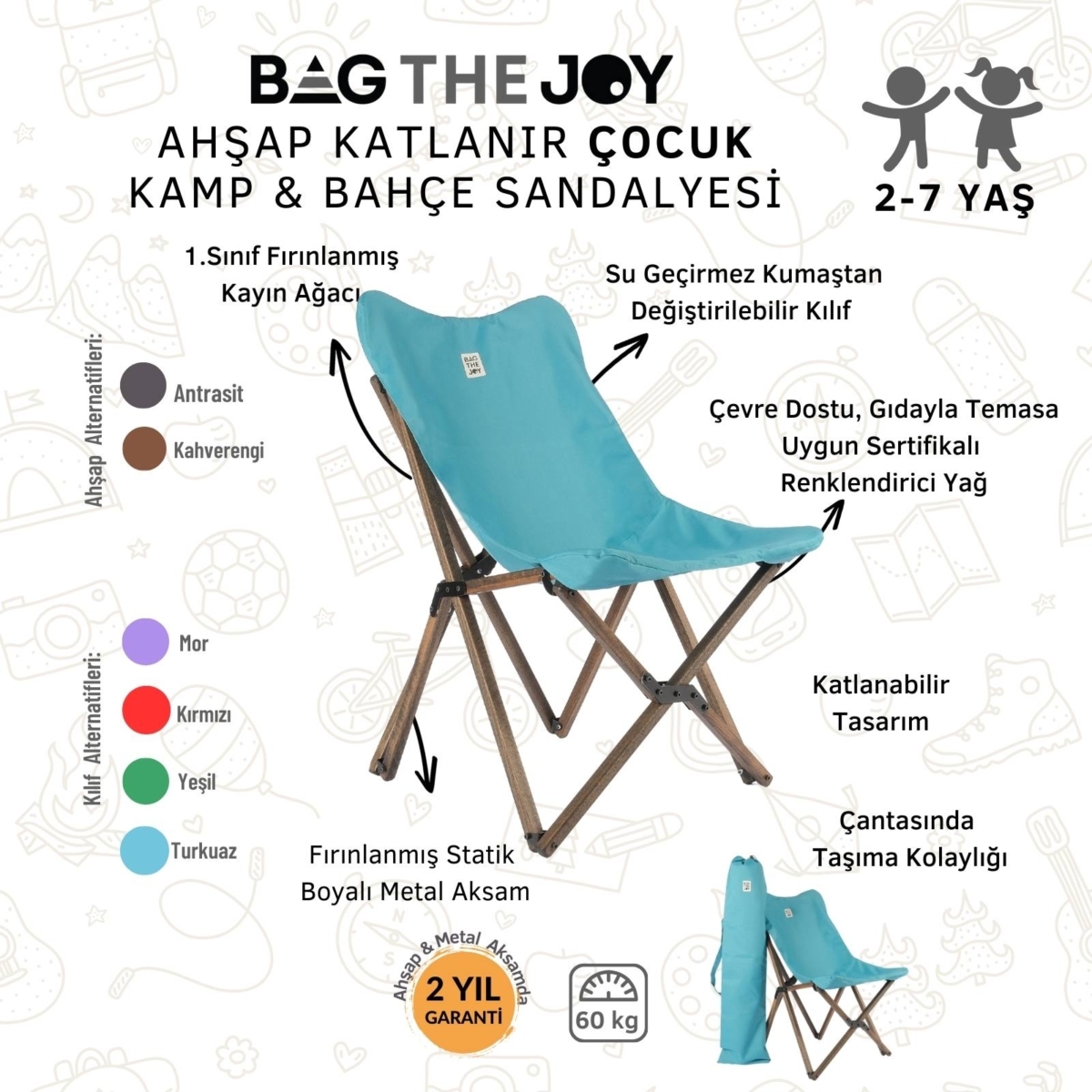 Bag The Joy Kids Ahşap Katlanır Kamp Sandalyesi |Bahçe, Piknik, Balkon |Çantalı - Antrasit -Turkuaz - Görsel 4