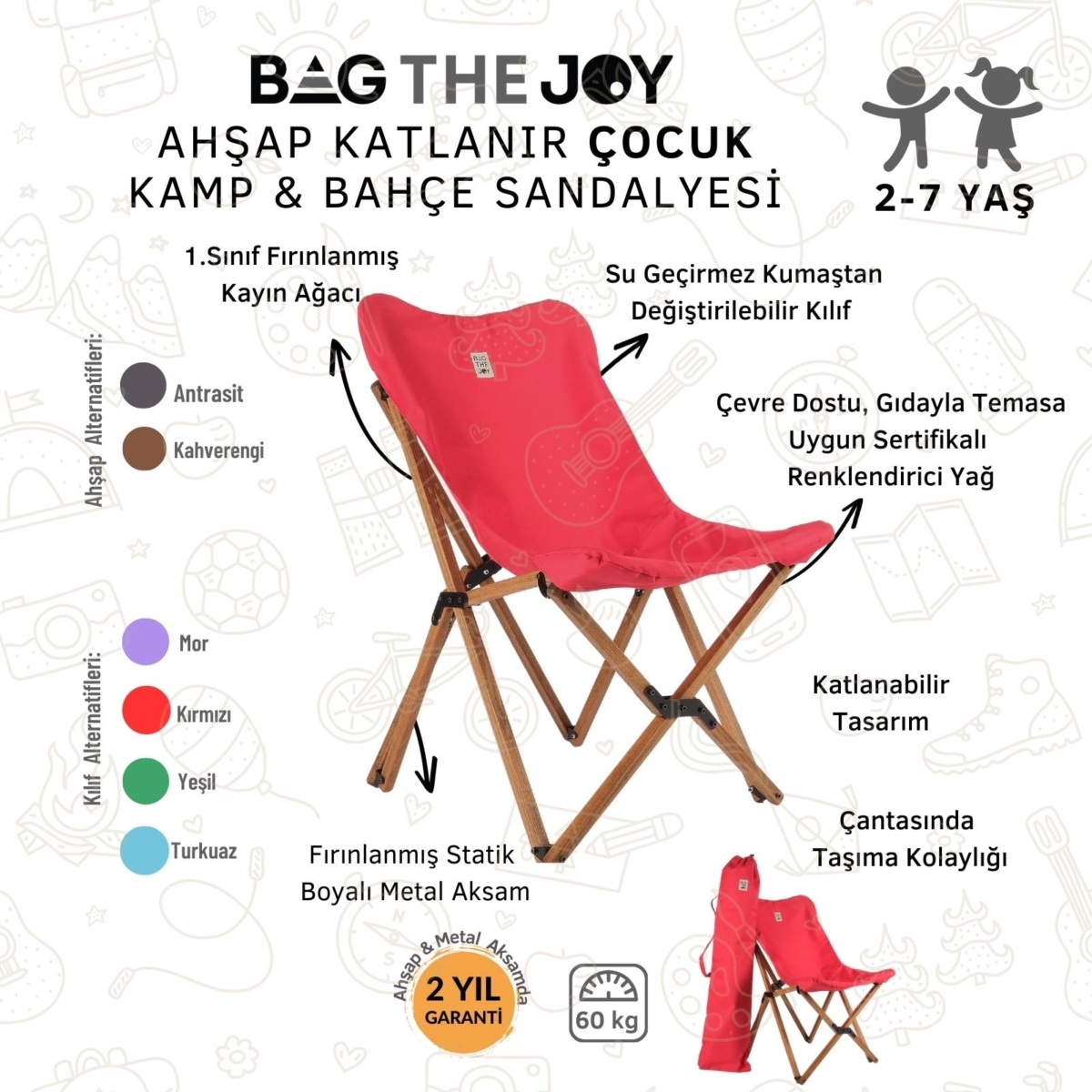 Bag The Joy Kids Ahşap Katlanır Kamp Sandalyesi | Bahçe, Piknik, Balkon | Çantalı - Kırmızı - Görsel 4
