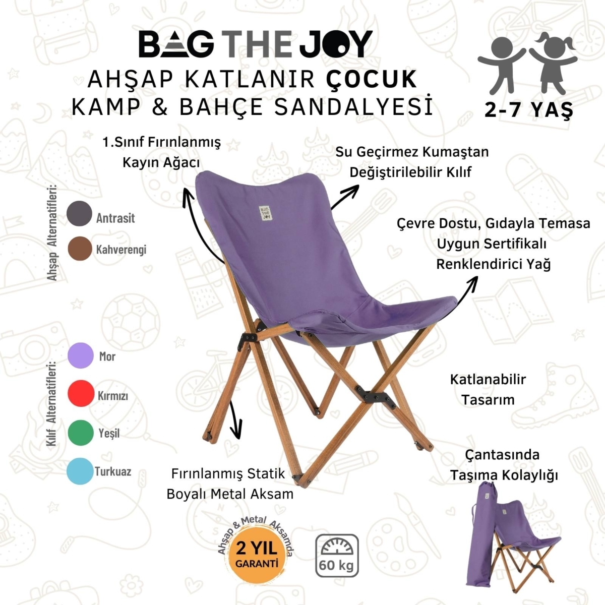 Bag The Joy Kids Ahşap Katlanır Kamp Sandalyesi |Bahçe, Piknik, Balkon |Çantalı - Mor - Görsel 5