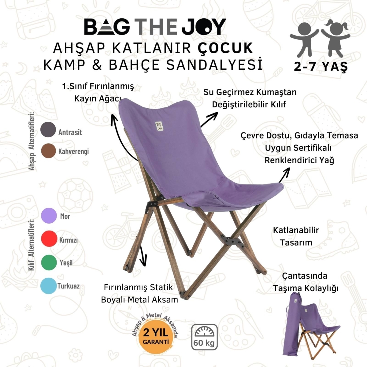 Bag The Joy Kids Ahşap Katlanır Kamp Sandalyesi |Bahçe, Piknik, Balkon | Çantalı - Antrasit -Mor - Görsel 4