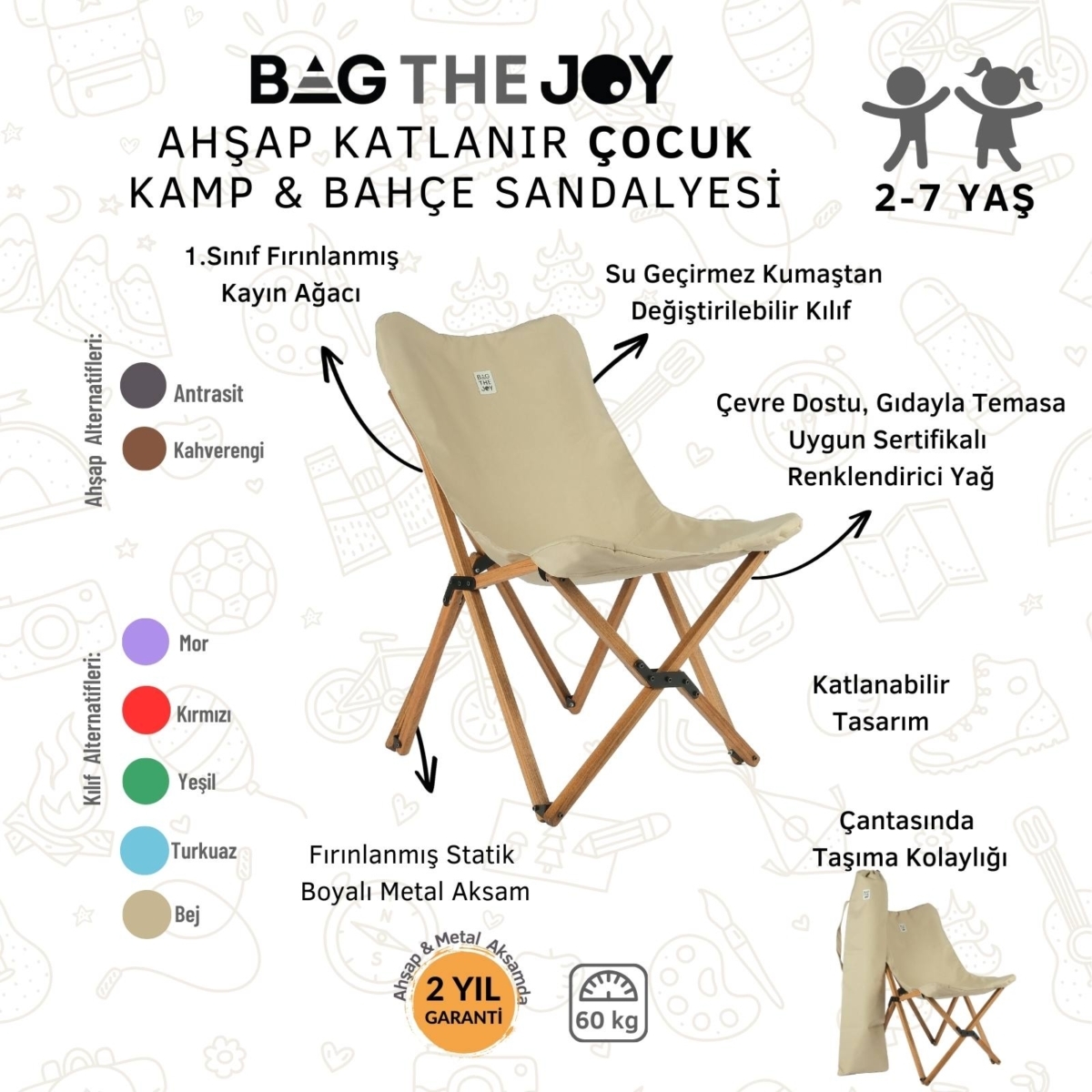 Bag The Joy Kids Ahşap Katlanır Kamp Sandalyesi |Bahçe, Piknik, Balkon |Çantalı - Bej - Görsel 4